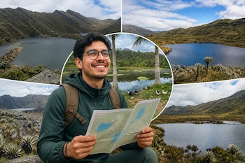Un hombre con anteojos y abrigo verde sostiene un mapa en una composición rodeada por paisajes de montañas, lagunas y frailejones.