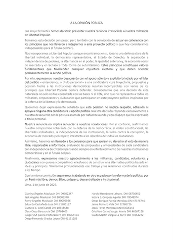 Pronunciamiento de militantes de Libertad Popular