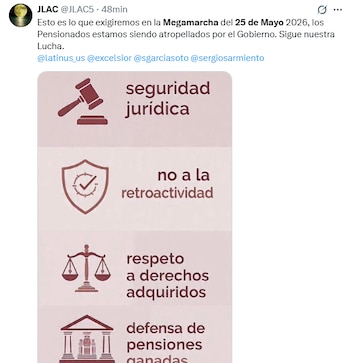 Manifestantes demandan seguridad jurídica y no retroactividad en las reformas que afectan las pensiones de adultos mayores en México. (X/ @JLAC5)