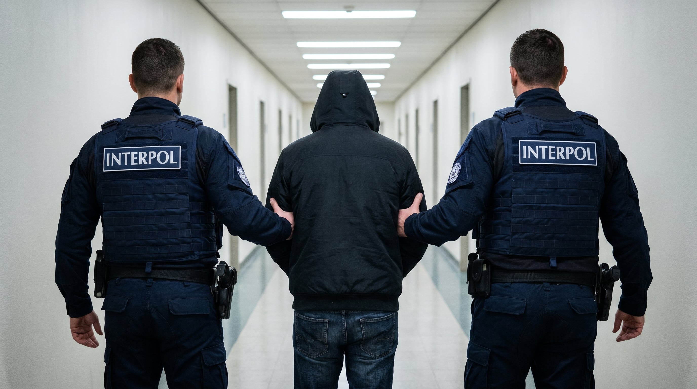 Dos oficiales de Interpol escoltan a un individuo con capucha por un pasillo, destacando la acción policial internacional en la lucha contra el crimen organizado. (Imagen Ilustrativa Infobae)