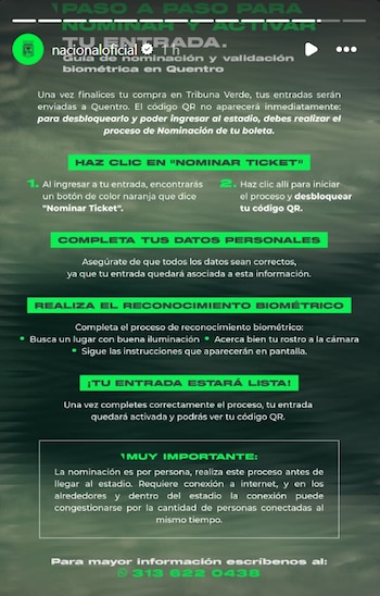 El paso a paso para activar la boleta para ver el clásico entre Atlético Nacional y el DIM, según el equipo verdolaga - crédito @nacionaloficial/Instagram