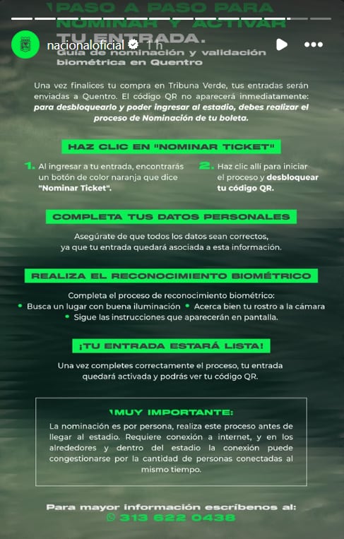 El paso a paso para activar la boleta para ver el clásico entre Atlético Nacional y el DIM, según el equipo verdolaga - crédito @nacionaloficial/Instagram