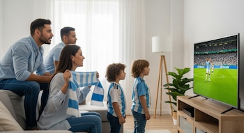 Una familia de cuatro personas mira un partido de fútbol en la televisión de su casa. Dos niños visten camisetas de Argentina y una mujer sostiene una bufanda celeste y blanca.