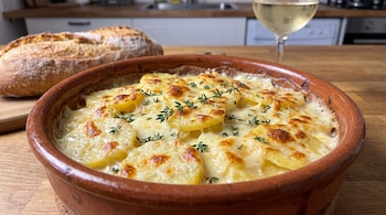 Fuente de barro con papas gratinadas y tomillo sobre una mesa de madera, junto a un pan rústico y una copa de vino blanco.
