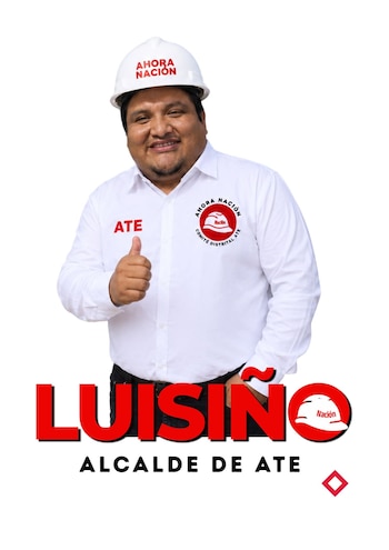 Hombre con casco blanco y camisa blanca que realiza un gesto con el pulgar hacia arriba junto al texto Luisiño Alcalde de Ate