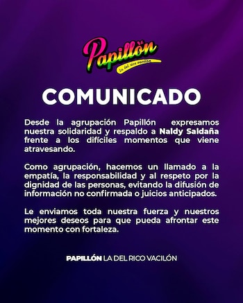 Cartel con fondo morado y texto blanco: 'Comunicado'. Agrupación Papillón expresa solidaridad con Naldy Saldaña. Firma: Papillón La del Rico Vacilón