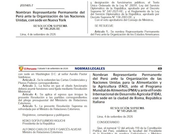 Página impresa con el encabezado El Peruano y el texto de resoluciones supremas sobre designaciones diplomáticas firmadas por autoridades