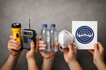 Primer plano de varias manos sosteniendo una linterna amarilla, una radio gris, dos botellas de agua, una mascarilla blanca y un logo del IGP.
