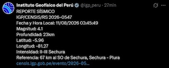 Temblor hoy en Perú EN VIVO: IGP reporta 3 sismos en Sechura durante la madrugada del 11 de agosto. Captura: IGP.
