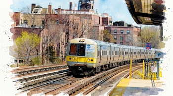 Ilustración en acuarela de un tren de Long Island Rail Road gris y amarillo sobre vías férreas elevadas. Edificios y árboles sin hojas en el fondo.