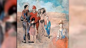 "La familia de saltimbanquis" (1905) es su obra más ambiciosa del Periodo Rosa: el color se vuelve cálido (tonos tierra y rosados) y el tema cambia a la vida errante de los artistas de circo, quienes para Picasso representaban la libertad y la marginalidad del artista moderno