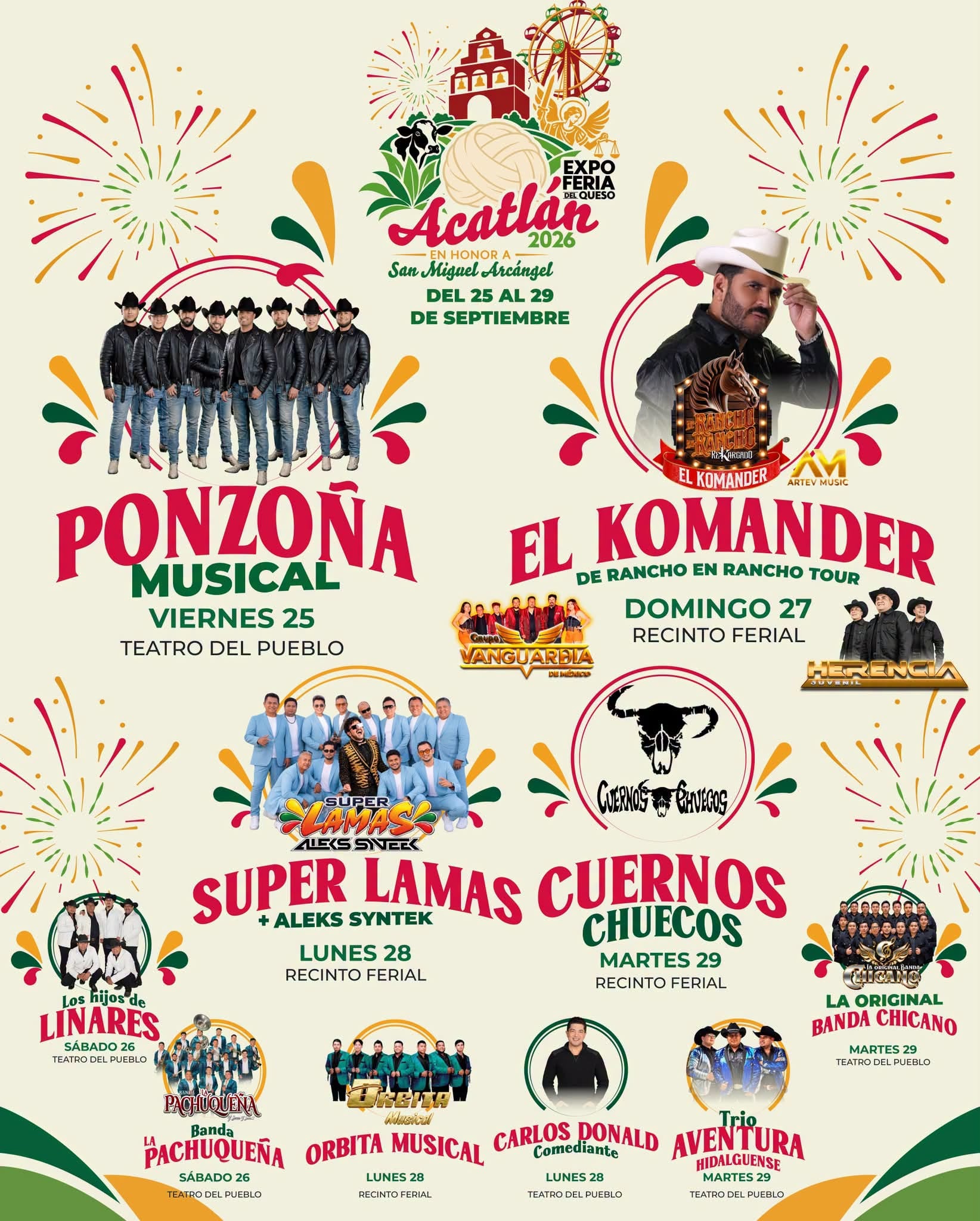 El cartel promocional de la Expo Feria del Queso Acatlán 2026 anuncia las fechas y las agrupaciones musicales que se presentarán del 25 al 29 de septiembre. (Feria del Queso/Gobierno Acatlán Hidalgo)