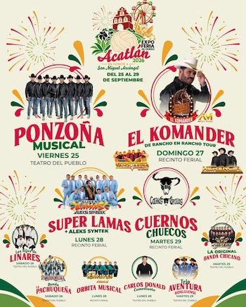 Cartel publicitario ilustrado con fuegos artificiales, logotipos de bandas musicales y fotografías de los artistas participantes
