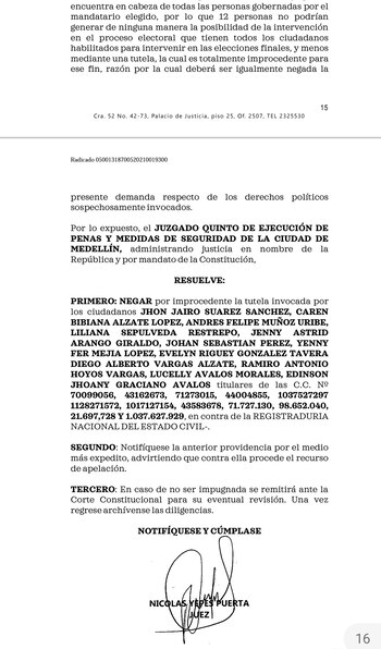 Tutela contra revocatoria de Quintero