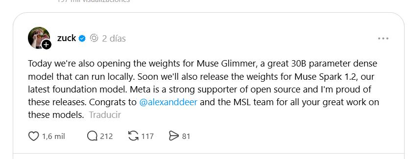 Meta lanzó Muse Glimmer para acercar sus modelos más potentes al ecosistema de código abierto. (Threads: zuck)
