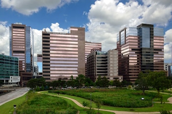 Varios edificios del Texas Children's Hospital con fachadas de cristal y tonos marrones, bajo cielo nublado, con un parque verde y senderos en primer plano