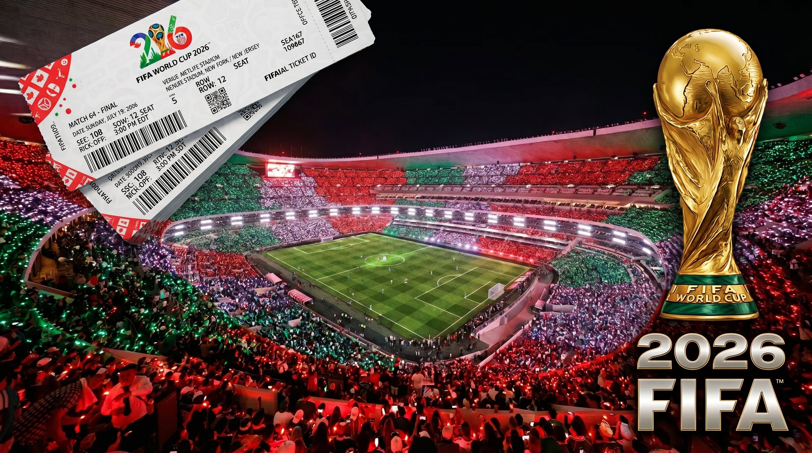 El Estadio Azteca, lleno de fanáticos vestidos de los colores de la bandera mexicana, se ilustra con boletos para el Mundial 2026 y el icónico trofeo de la Copa Mundial de la FIFA, anticipando el gran evento. (Imagen Ilustrativa Infobae)