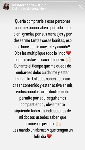 Última story de Luisa Fernanda a través de redes sociales durante su estancia en el hospital. Instagram:@luisafernandaw