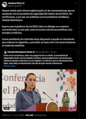 Petro relacionó este episodio con una experiencia personal previa, cuando la misma Noem lo acusó de haber defendido a miembros del grupo criminal Tren de Aragua y de haber criticado a Trump - crédito @petrogustavo/X