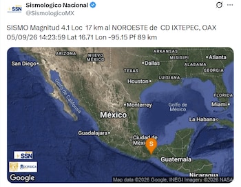 Sismo de 4.1 en Ciudad Ixtepec, Oaxaca este 5 de septiembre. (X/ @SismologicoMX)