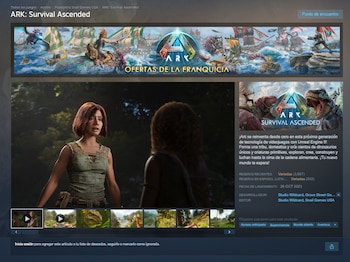 Captura de pantalla de la página de ARK: Survival Ascended con banner promocional, escena de dos personajes, miniaturas y panel de información del juego