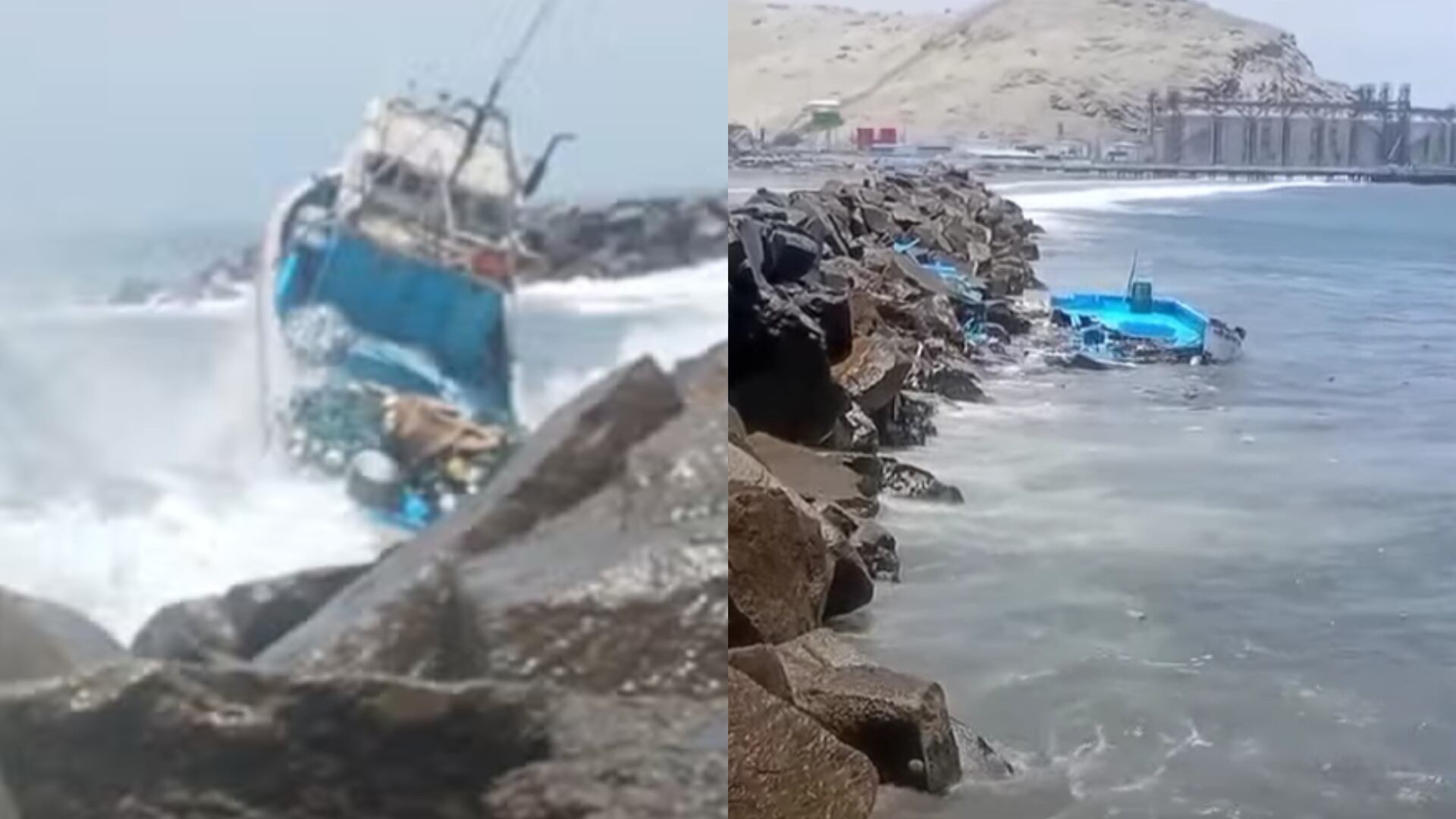 Una lancha pesquera quedó destruida en el distrito de Salaverry (Trujillo) tras ser arrastrada por el oleaje anómalo hacia una zona rocosa. (Composición: Infobae)