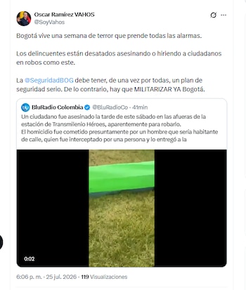El concejal Óscar Ramírez Vahos sugirió militarizar Bogotá ante hechos de violencia e inseguridad - crédito @SoyVahos/X
