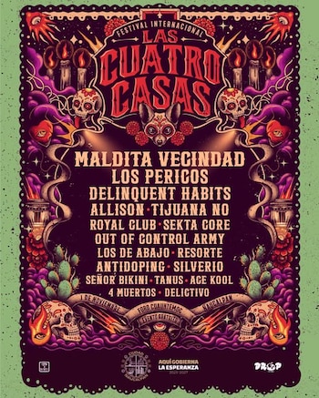 Cartel ilustrado con calaveras, cirios y un perro con motivos del Día de Muertos que contiene una lista de bandas musicales sobre fondo oscuro