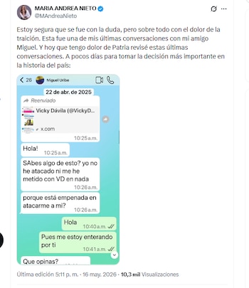 María Andrea Nieto reveló la última conversación que tuvo con Miguel Uribe - crédito @MAndreaNieto/X