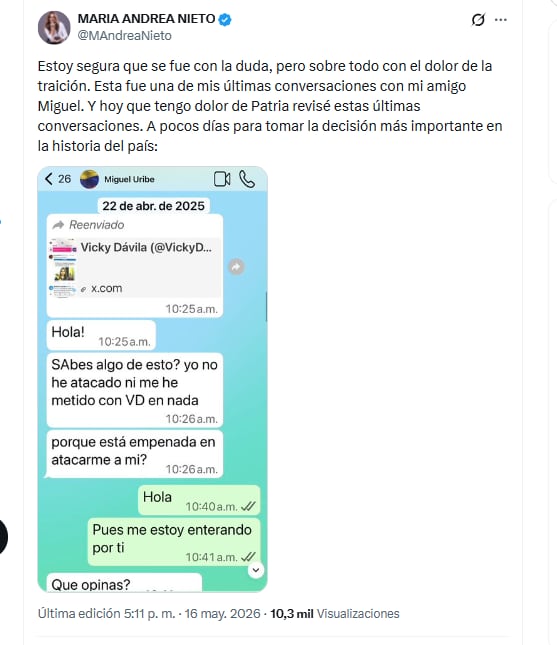 María Andrea Nieto reveló la última conversación que tuvo con Miguel Uribe - crédito @MAndreaNieto/X