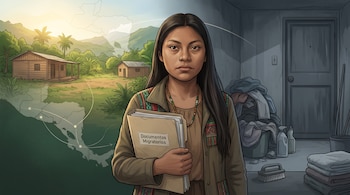 Una mujer sostiene una carpeta de documentos migratorios entre un paisaje rural y una habitación con ropa apilada y productos de limpieza.