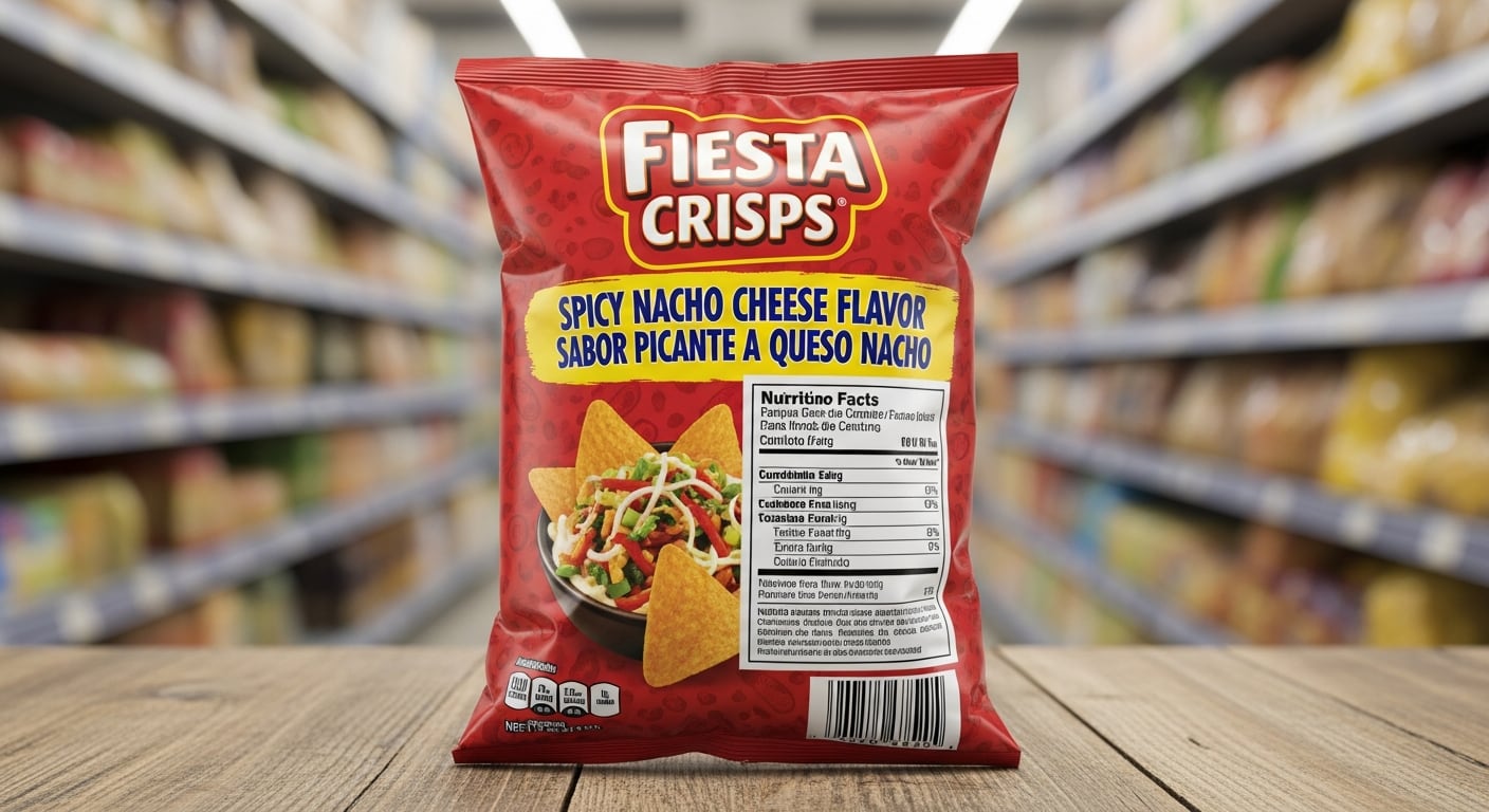 Un envase de Fiesta Crisps sabor queso nacho picante exhibe su etiquetado bilingüe frente a un pasillo de supermercado. (Imagen Ilustrativa Infobae)