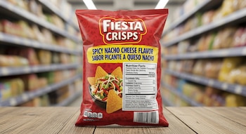Bolsa roja de Fiesta Crisps sabor picante a queso nacho sobre mesa de madera, con estantes de supermercado al fondo y texto en inglés y español.
