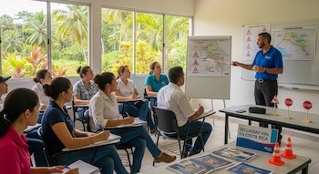 Un instructor señala un mapa en una pizarra mientras varios estudiantes toman notas en un aula. Hay señales de tráfico en miniatura, conos y folletos.