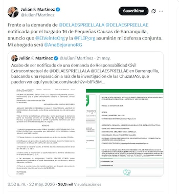 El periodista Julián Martínez será asesorado y defendido por la Flip y la abogada Ana Bejarano - crédito @JulianFMartinez/X