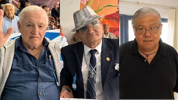Triptych: Retrato frontal de un hombre mayor con camisa azul; un hombre mayor con sombrero, gafas y traje; un hombre mayor con gafas y polo negro