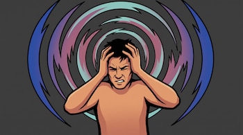 Dibujo de un hombre sujetándose la cabeza con ambas manos y gesto de dolor, rodeado por ondas de colores sobre fondo gris.