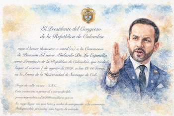 Tarjeta de invitación en acuarela para la posesión presidencial de Abelardo De La Espriella, con retrato del presidente electo y el escudo de Colombia.