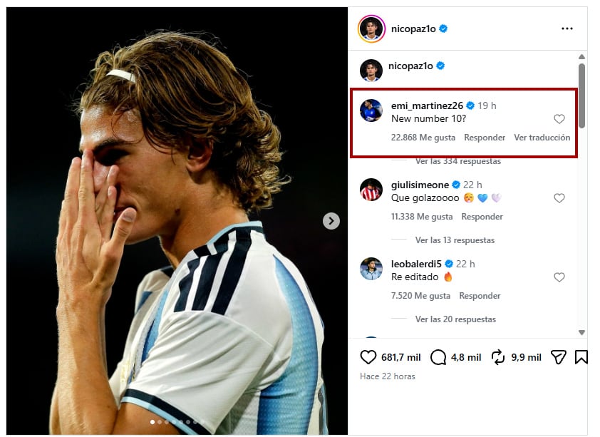 El Dibu Martínez respaldó a Nico Paz como el próximo 10 de la selección argentina
