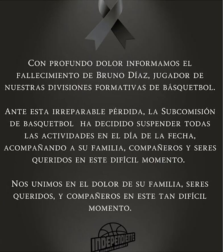 El comunicado de Independiente de Neuqué tras la muerte del joven basquetbolista Bruno Díaz (Redes sociales)
