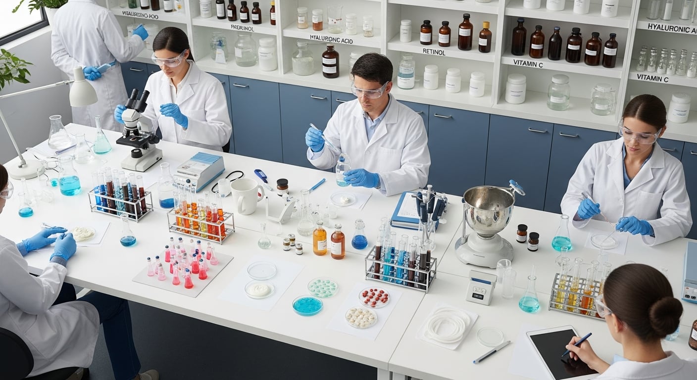 Un equipo de científicos trabaja diligentemente en un laboratorio de alta tecnología, investigando y desarrollando nuevos productos para la industria cosmética, utilizando equipos avanzados. (Imagen Ilustrativa Infobae)