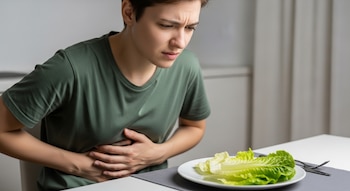 Una persona con camiseta verde se sujeta el abdomen, en primer plano un plato con hojas de lechuga y cubiertos sobre una mesa blanca.