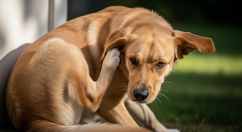 Primer plano de un perro de pelaje dorado rascándose la oreja con la pata delantera, con la mirada atenta y un fondo natural desenfocado.