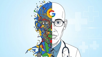 Ilustración de una cabeza dividida: mitad izquierda, un cerebro de circuitos coloridos con el logo de Google; mitad derecha, un doctor con estetoscopio. Fondo azul claro.