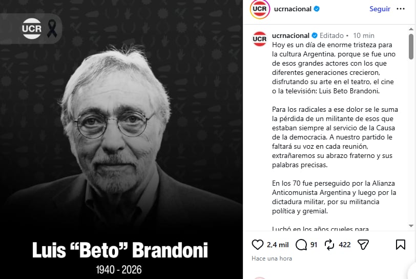 Comunicado de la UCR tras la muerte de Brandoni