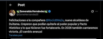 Esmeralda Hernández felicitó a la nueva alcaldesa de Duitama y habló de las elecciones del 2026 - crédito @EsmeHernandezSi