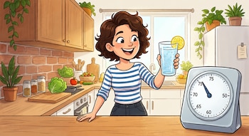 Ilustración de una mujer sonriente con cabello rizado y camiseta a rayas, sosteniendo un vaso de agua con limón en una cocina. Hay vegetales y un temporizador ajustado a 75