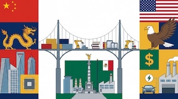 Ilustración que muestra un puente uniendo China, México y EE. UU., representados por símbolos nacionales y estructuras industriales, con contenedores y robots.