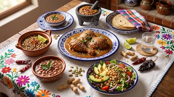 Platos de pollo en salsa, frijoles, ensalada, pepitas, un molcajete con salsa y tortillas sobre un mantel blanco bordado con flores.
