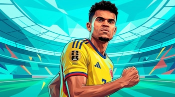 Ilustración digital de Luis Díaz, jugador de fútbol de piel morena, vistiendo la camiseta amarilla de Colombia con un parche de 'FIFA DEBUT' en la manga.
